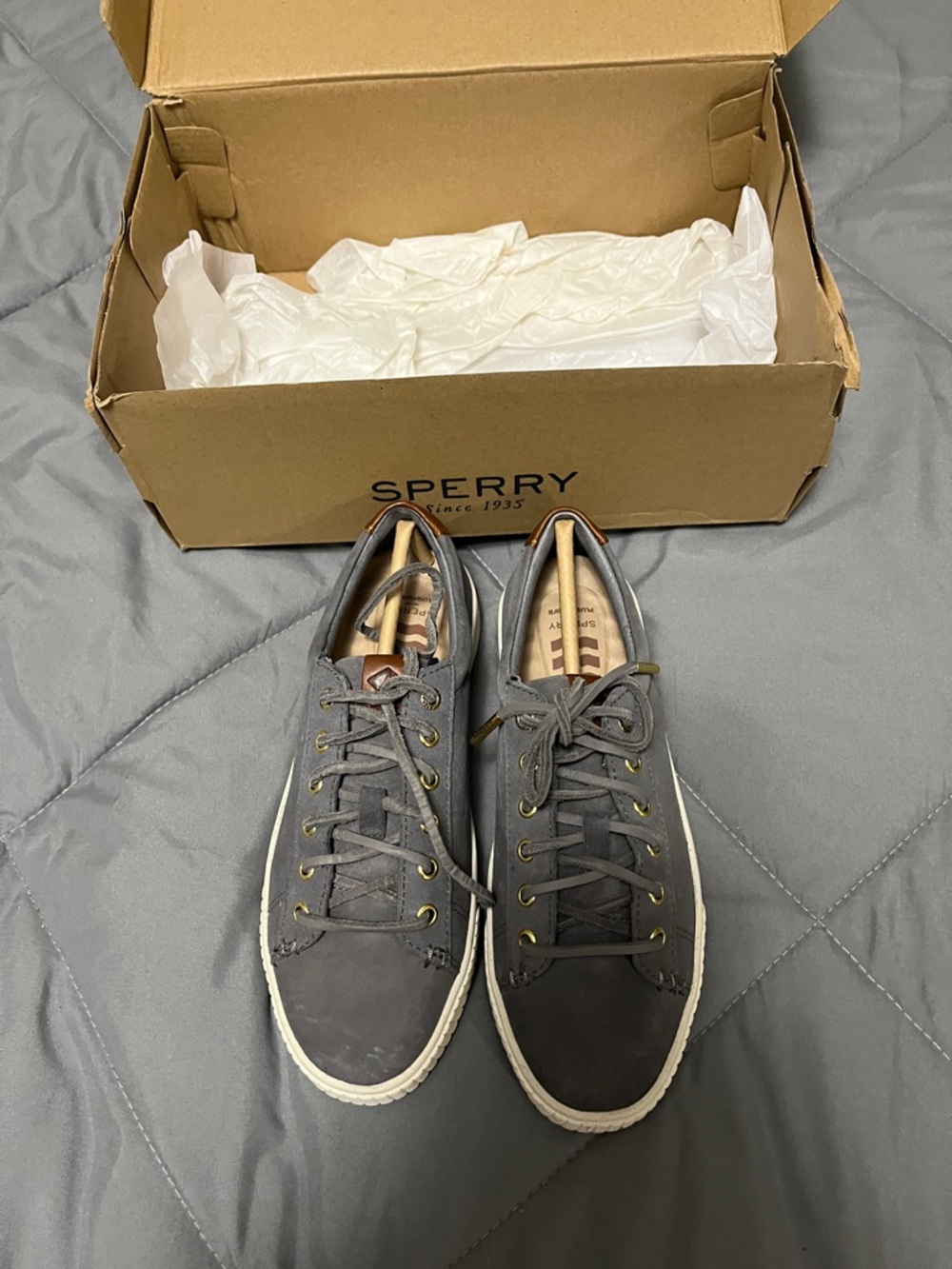 Sperry women’s Gray Leather Boat Shoes with White Sole